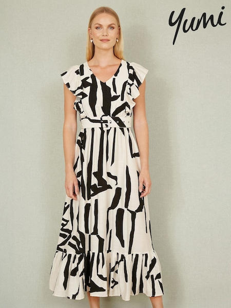 Yumi Cream Abstract Print Viscose Midi Dress With Matching Belt (F70171) | £75
