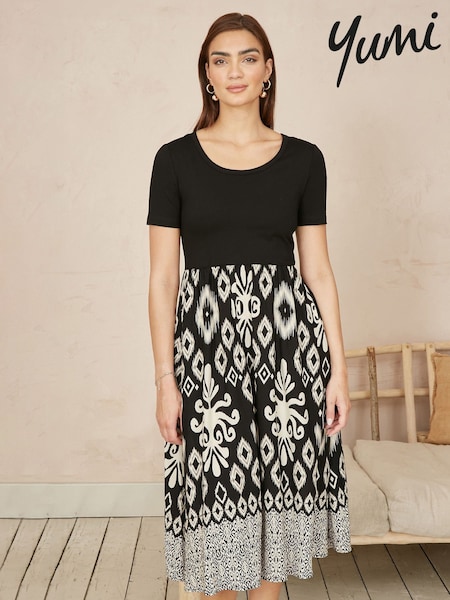 Yumi Black Jersey Stretch Top And Ikat Skirt Midi Dress (F70188) | £55
