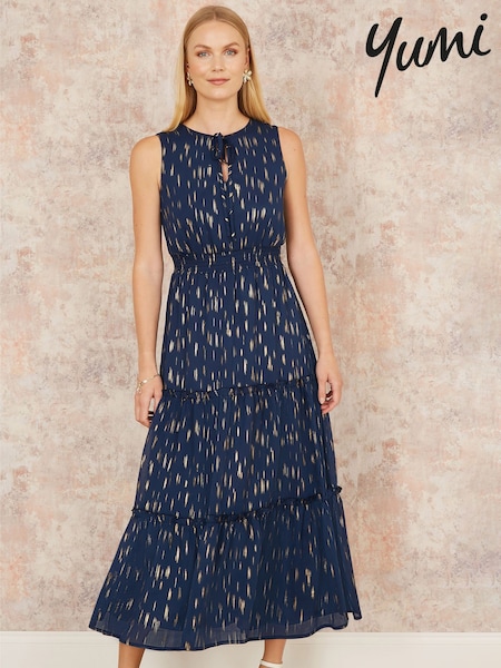 Yumi Blue Foil Print Ruched Waist Midi Dress With Tie Notch (F70189) | £60