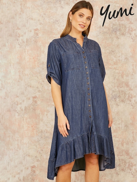 Yumi Blue Relaxed Fit Chambray Denim Dip Hem Shirt Dress (F70193) | £65