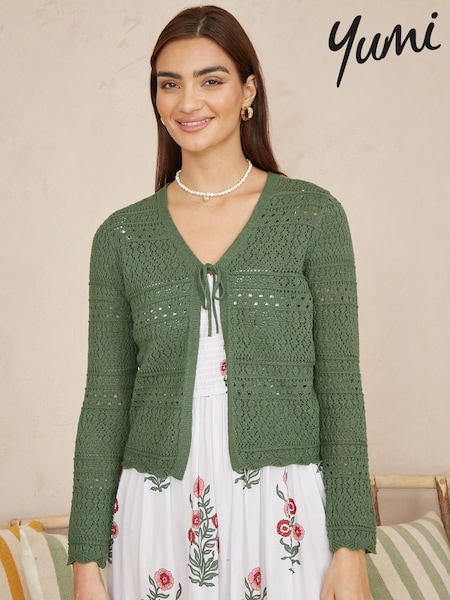 Yumi Green Crochet Tie Front Cardigan (F70198) | £50