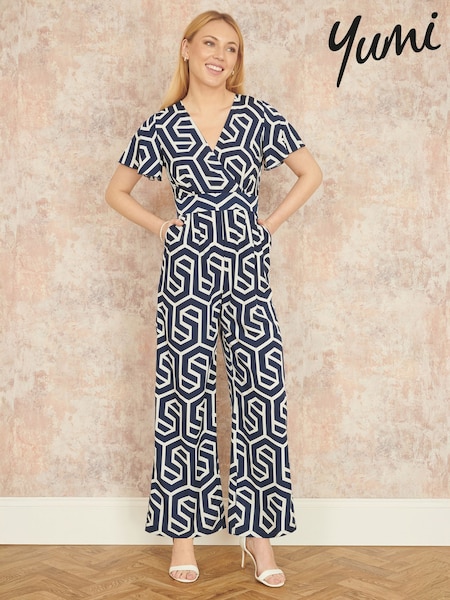 Yumi Blue Oversize Geo Print Jumpsuit (F70219) | £65