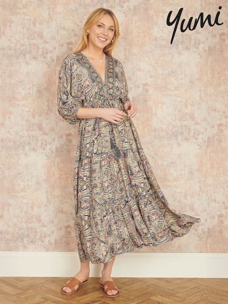 Yumi Natural Paisley Print Midi Kimono Dress With Tie Back (F70220) | £65