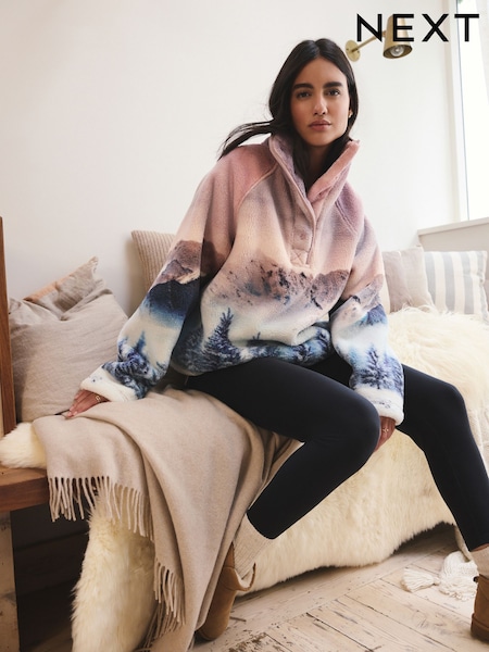 Pink Mountain Scene Printed Borg Fleece Top (F70282) | £50