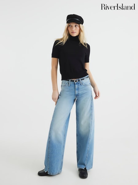 River Island Blue Blue Baggy Wide Leg 100% Cotton Jeans (F70300) | £57