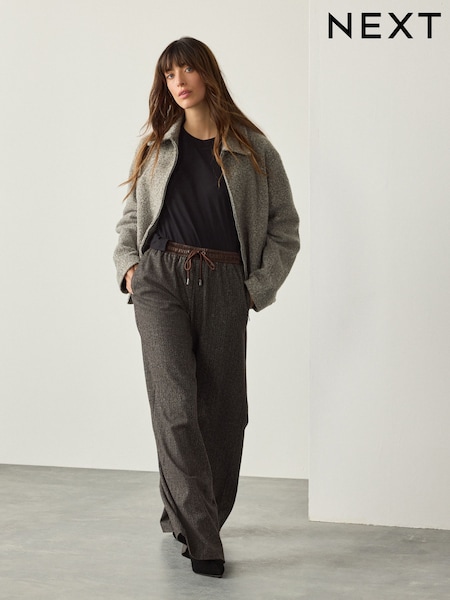 Brown Herringbone Satin Waistband Wide Leg Trousers (F70326) | £36