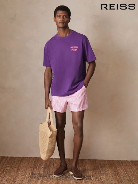 Reiss Purple Roda Reiss | Ché Cotton Palm-Print T-Shirt (F70364) | £68