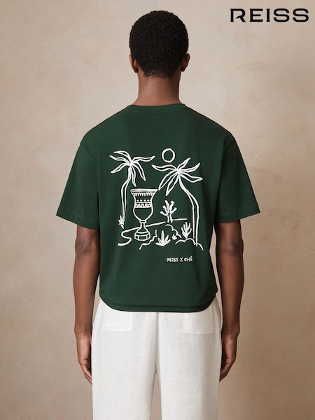 Reiss Green Artola Reiss | Ché Cotton Palm-Tree T-Shirt (F70371) | £68