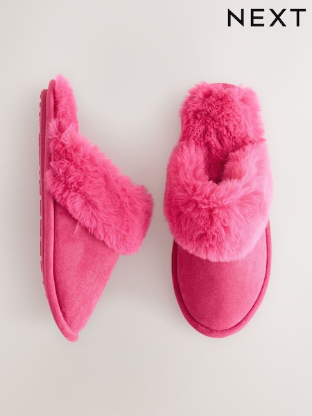 Pink Faux Fur Suede Mule Slippers (F70402) | £14