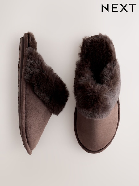Chocolate Brown Faux Fur Suede Mule Slippers (F70403) | £15
