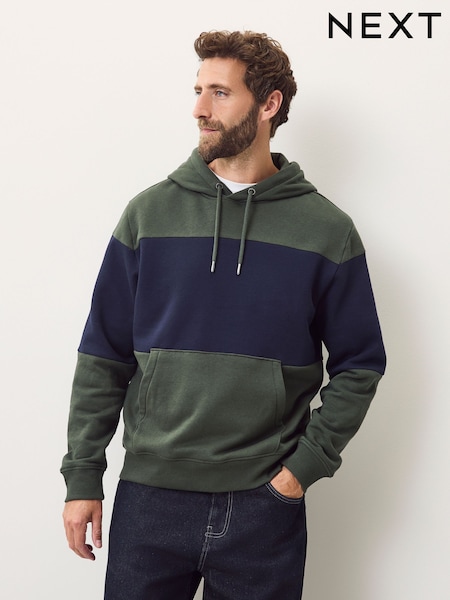 Navy Blue/Khaki Green Overhead Hoodie Colour Blocking Sweatshirt (F70417) | £35