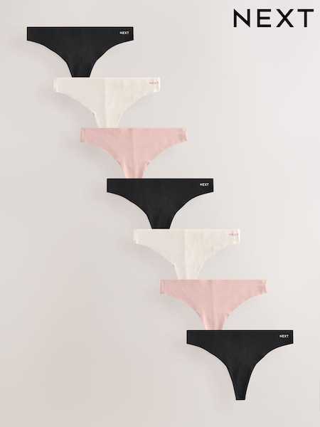 Black/Cream/Pink Thong Cotton Blend No VPL Knickers 7 Pack (F70457) | £28