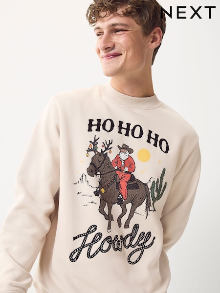 Ecru White Western Graphic Crew Sweatshirt Pattern Christmas Crew Sweatshirt (F70466) | £34