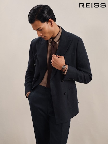 Reiss Navy Kin Db Linen Double-Breasted Suit Slim-Fit Blazer (F70493) | £328
