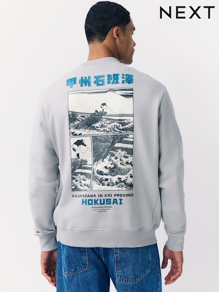 Ice Grey Crew Sweatshirt Hokusai Graphic License (F70525) | £38