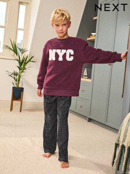 Burgundy Red NYC Single Cosy Fleece Pyjamas (3-16yrs) (F70647) | £22 - £30