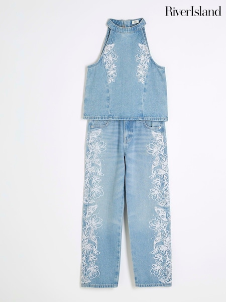 River Island Blue Girls Denim Butterfly Embroidered 100% Cotton Set (F70705) | £45