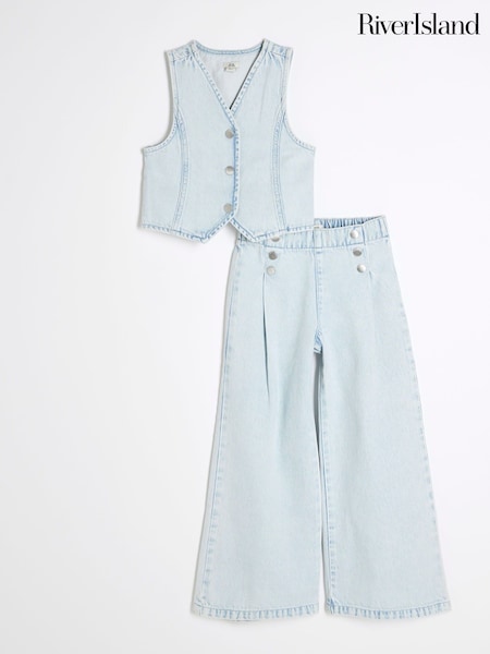 River Island Blue Girls Denim 100% Cotton Top and Trousers Set (F70714) | £40