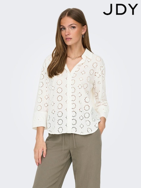 JDY White Long Sleeve Broderie Shirt (F70715) | £35