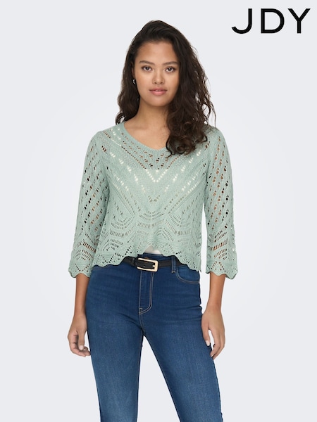 JDY Green 3/4 Sleeve Crochet Jumper (F70718) | £24