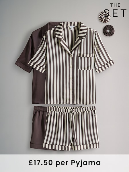 The Set Chocolate Brown/Chocolate Stripe 2 Pack Satin Short Pyjamas Set (F70853) | £35