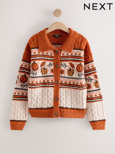 Orange Autumn Cable Knit Collar Cardigan With Wool (F70857) | £44