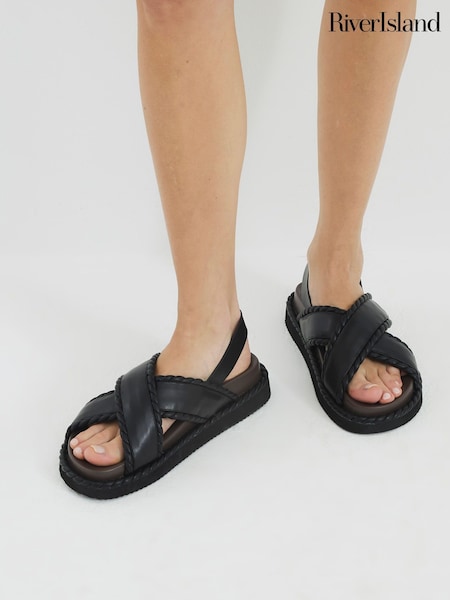 River Island Black Wide Fit Cross Strap Sandals (F70908) | £40