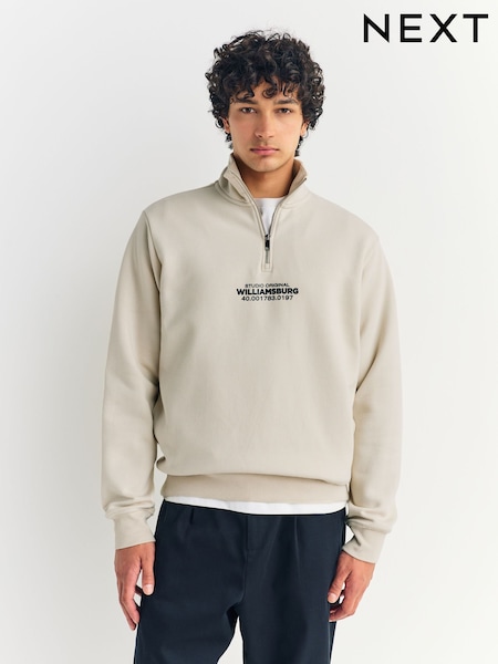 Ecru White Simple Text Graphic Print Quarter Zip Neck Sweatshirt (F70931) | £36