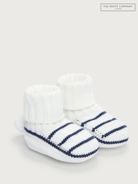 The White Company Blue 100% Organic Cotton Stripe Pom Knitted Pram Booties (F70942) | £18