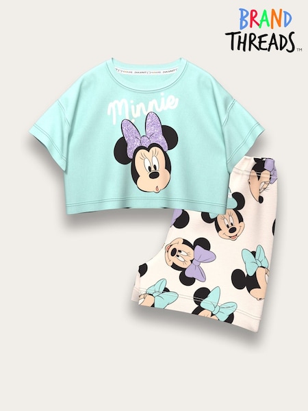 Brand Threads Green & Beige Minnie Mouse 100% Cotton Top and Short Daywear Set (F71005) | £22
