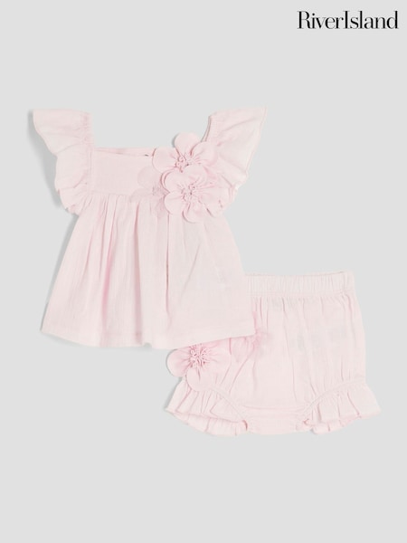 River Island Pink Baby Girls Smock 3D 100% Cotton Flower Set (F71030) | £22