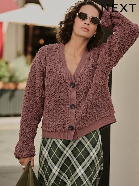 Pink Fluffy Borg Cable Button Through Cardigan Fleece (F71056) | £38