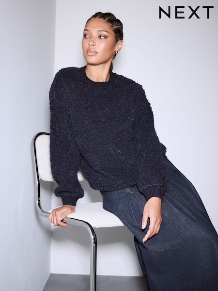 Navy Fluffy Soft Borg Cable Long Sleeve Crew Neck Sweatshirt (F71058) | £32