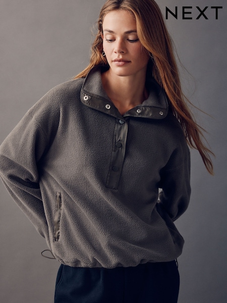 Olive Green Popper Neckline Detailing Longsleeve Ribbed Crewneck Sweatshirt (F71062) | £32