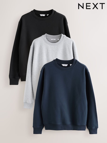 Black/Navy Blue/Grey Marl Heavyweight Cotton Rich Jersey Crew Sweatshirts 3 Pack (F71250) | £81