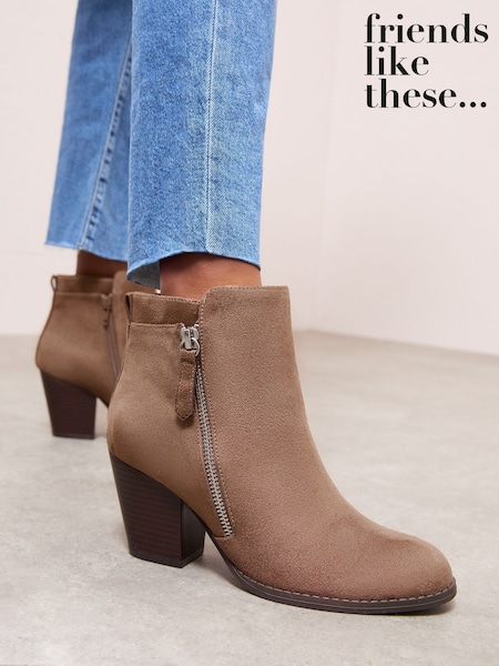 Friends Like These Taupe Standard fit Stacked Heel Faux Suede Cuban Ankle Boots (F71369) | £42