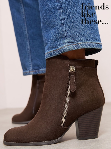 Friends Like These Chocolate Brown Standard fit Stacked Heel Faux Suede Cuban Ankle Boots (F71371) | £42