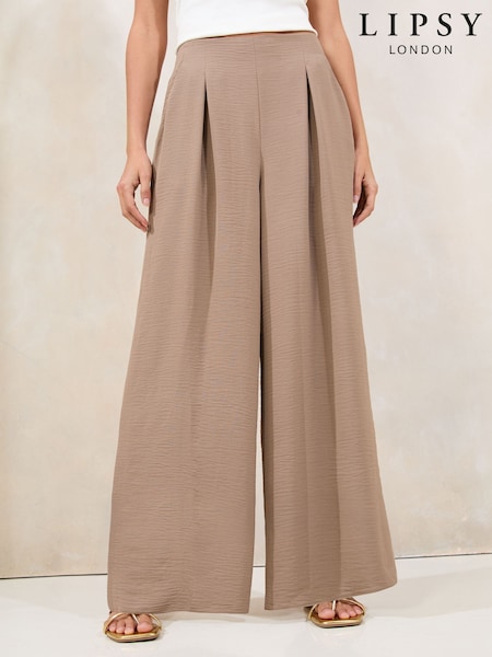 Lipsy Mocha Brown Petite High Waisted Wide Leg Trousers (F71393) | £42