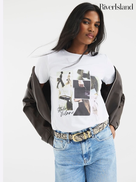 River Island White 100% Cotton Photo Montage T-Shirt (F71436) | £25