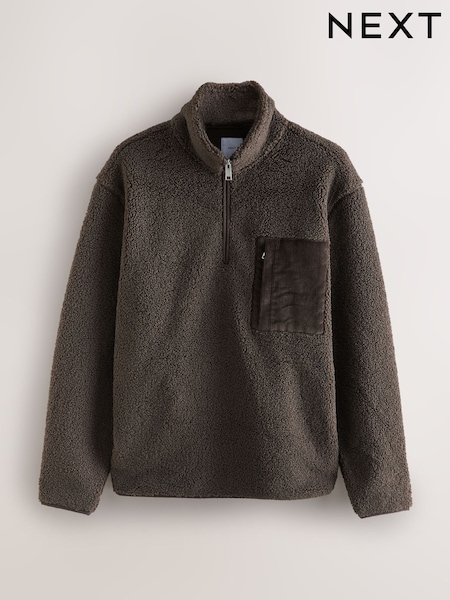 Chocolate Brown Corduroy Pocket Borg Quarter Zip Neck Funnel Fleece (F71464) | £45