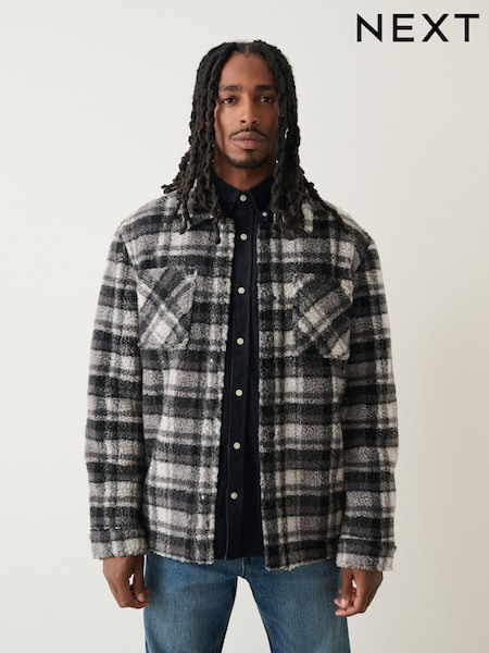 Black/Grey Black/White Check Printed Fleece Popper Shacket (F71478) | £55
