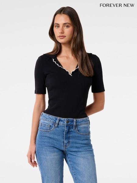 Forever New Black Nila Short Sleeves Scallop Polo T-Shirt (F71590) | £39