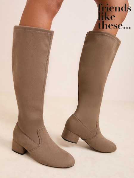 Friends Like These Taupe Standard fit Low Block Heel Faux Suede Knee High Sock Boots (F71625) | £49