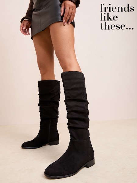 Friends Like These Black Flat Ruched Faux Suede Long Casual Boots (F71626) | £49
