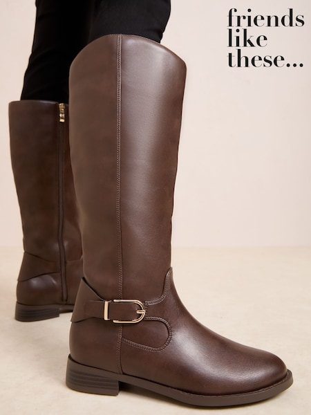 Friends Like These Chocolate Brown Knee High Buckle Rider Faux Leather Boots (F71629) | £56
