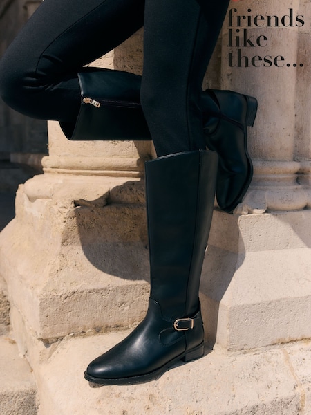 Friends Like These Black Knee High Buckle Rider Faux Leather Boots (F71643) | £56