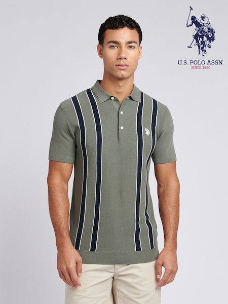 U.S. Polo Assn Green Mens Vertical Stripe Knit Polo Shirt (F71650) | £60