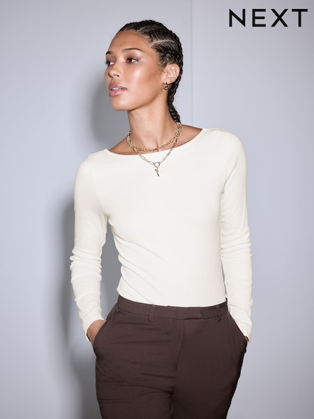 Ecru Long Sleeve Scoop Back Bodysuit (F71702) | £16