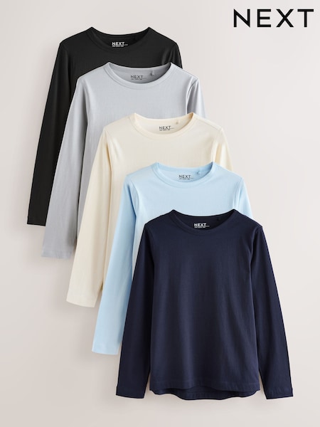 Blue/Navy/Cream/Grey Long Sleeve Crew Neck T-Shirts 5 Pack (F71709) | £40