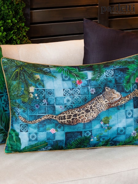 Paoletti Azure Majorelle Leopard Print Outdoor Piped Outdoor Cushion (F71779) | £20
